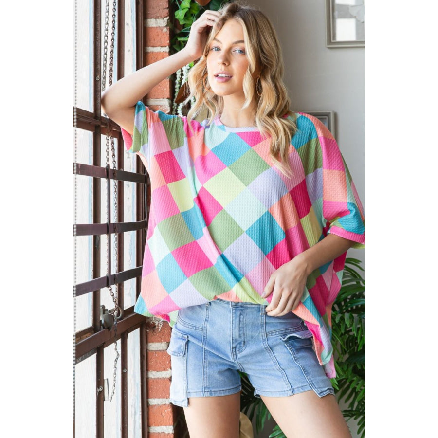 HOPELY Color Block Waffle Oversized T-Shirt Apparel and Accessories