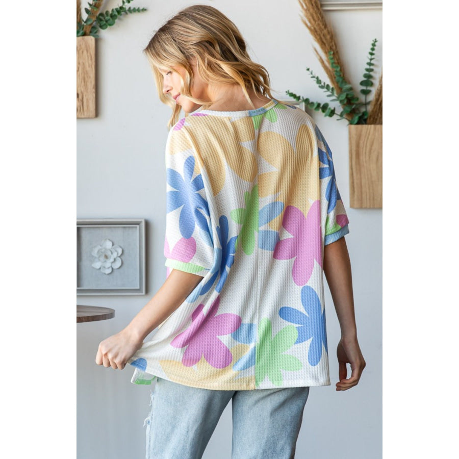 HOPELY Floral Round Neck Waffle T-Shirt Off-White / S Apparel and Accessories