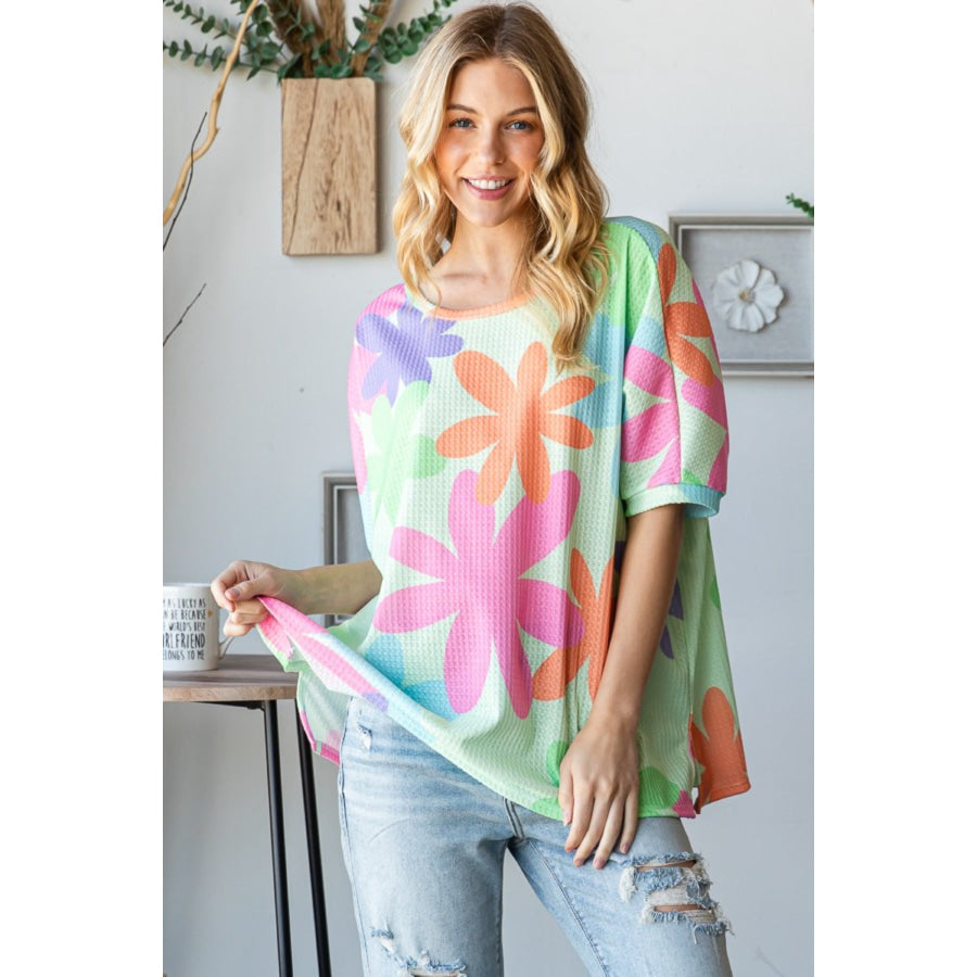 HOPELY Floral Round Neck Waffle T-Shirt Apparel and Accessories
