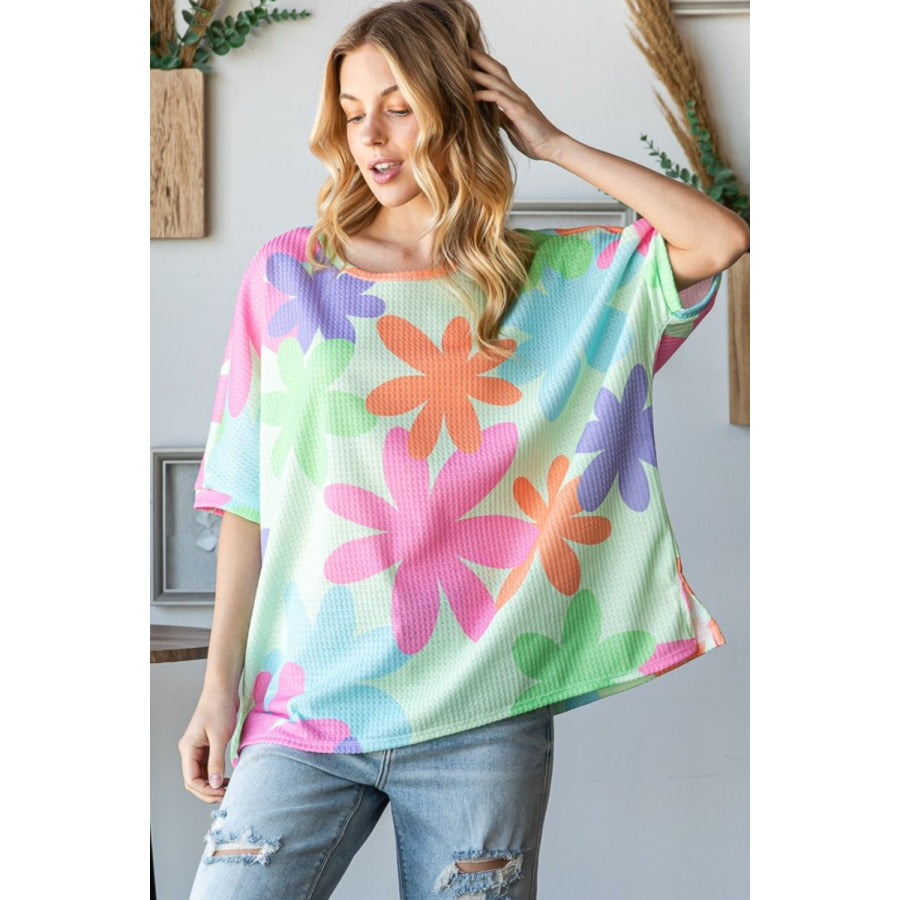HOPELY Floral Round Neck Waffle T-Shirt Mint / S Apparel and Accessories