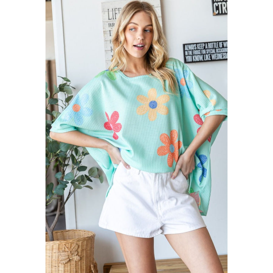 HOPELY Floral Waffle Oversize T-Shirt Mint Green / S Apparel and Accessories