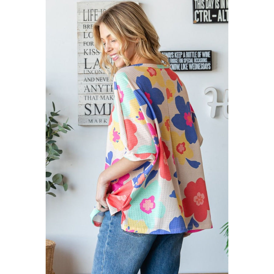HOPELY Floral Waffle Oversize T-Shirt Taupe / S Apparel and Accessories