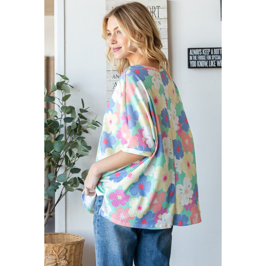 HOPELY Floral Waffle Oversized T-Shirt Mint/Yellow Floral / S Apparel and Accessories