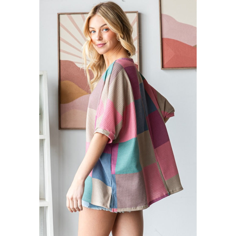 HOPELY Full Size Checkered Round Neck Side Slit T-Shirt Mauve/Teal / S Apparel and Accessories