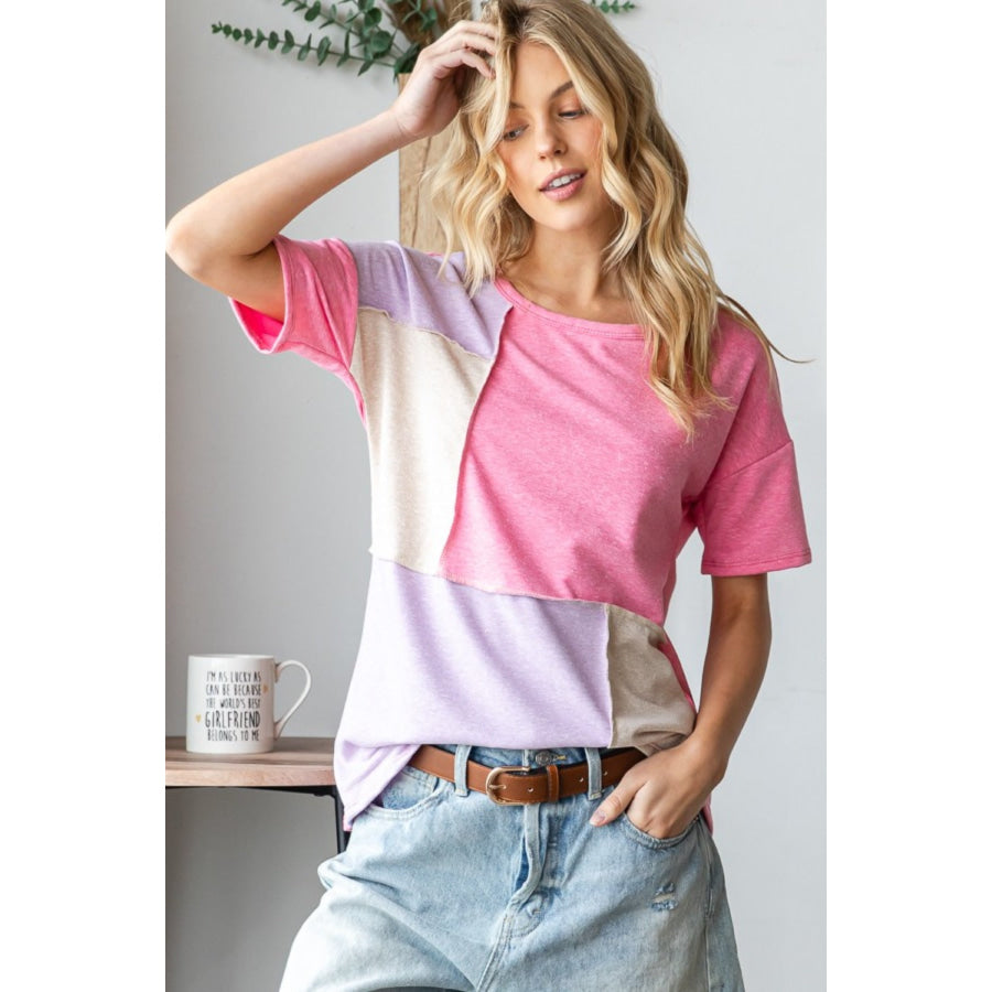 HOPELY Full Size Color Block Exposed Seam T-Shirt Pink / S Apparel and Accessories