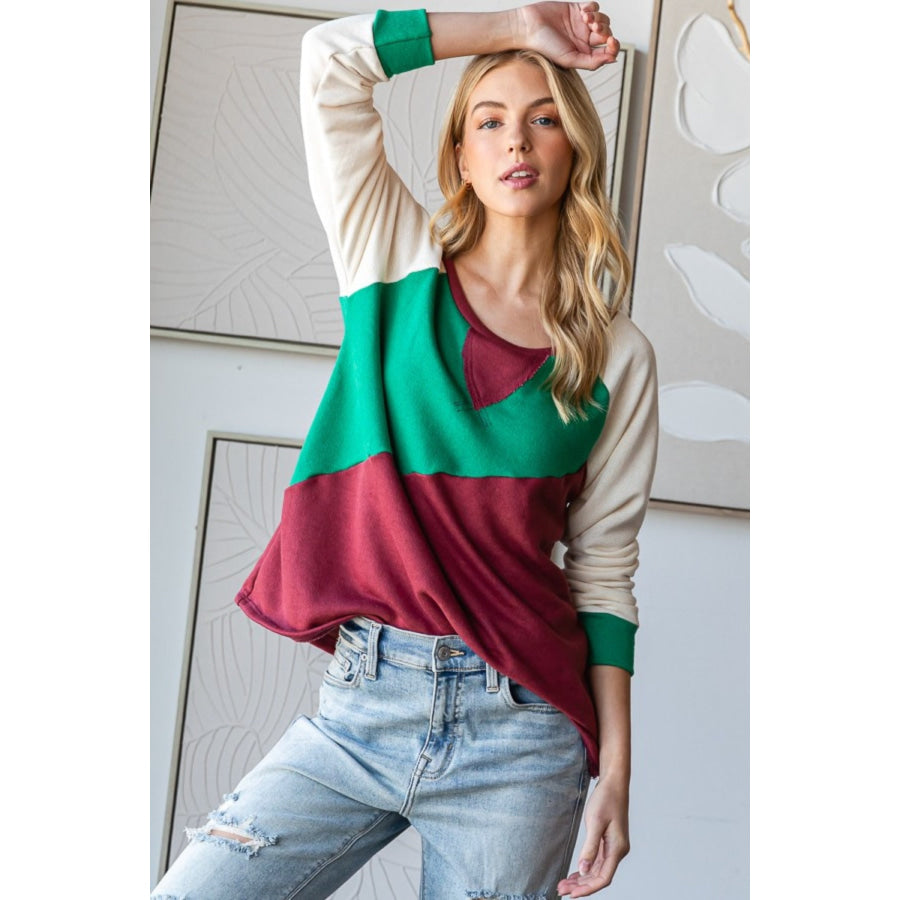 HOPELY Full Size Color Block Long Sleeve T-Shirt Apparel and Accessories