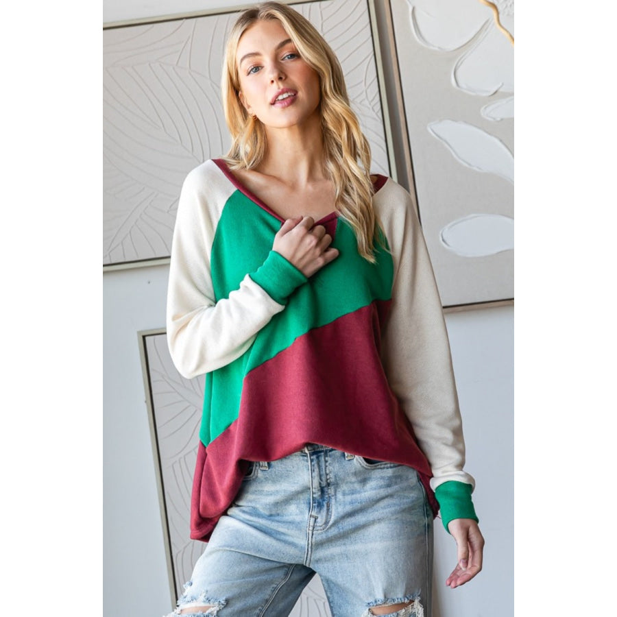 HOPELY Full Size Color Block Long Sleeve T-Shirt Apparel and Accessories