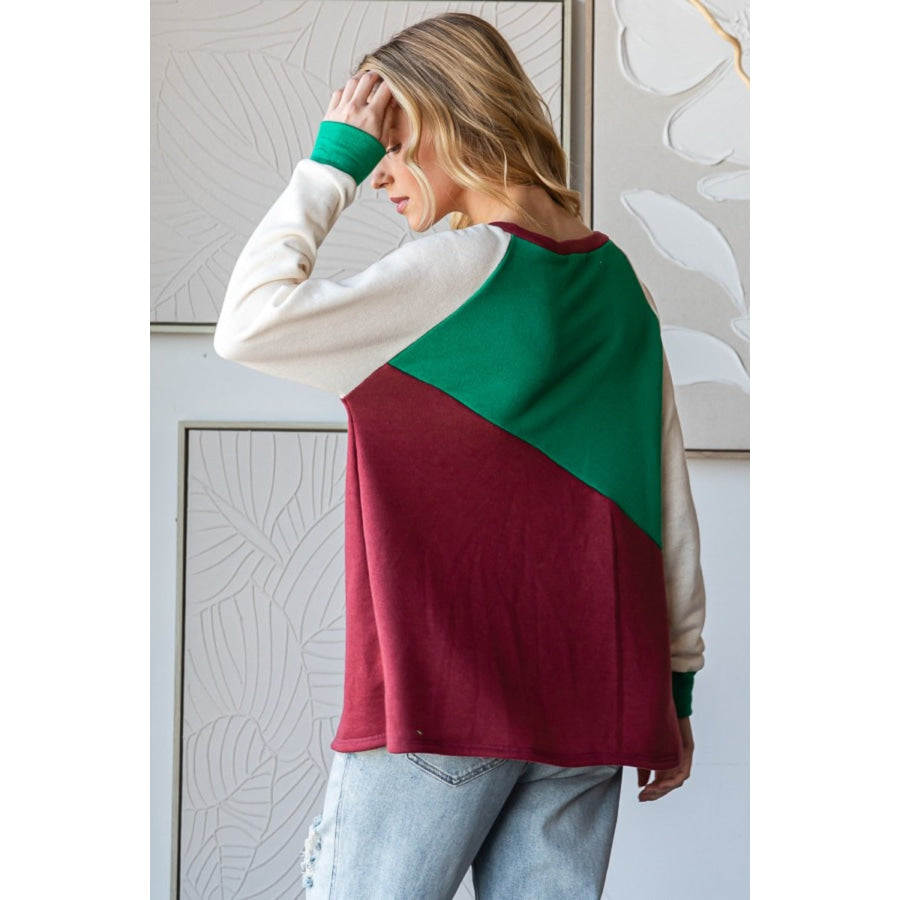 HOPELY Full Size Color Block Long Sleeve T-Shirt Kelly Green/Burgundy / S Apparel and Accessories