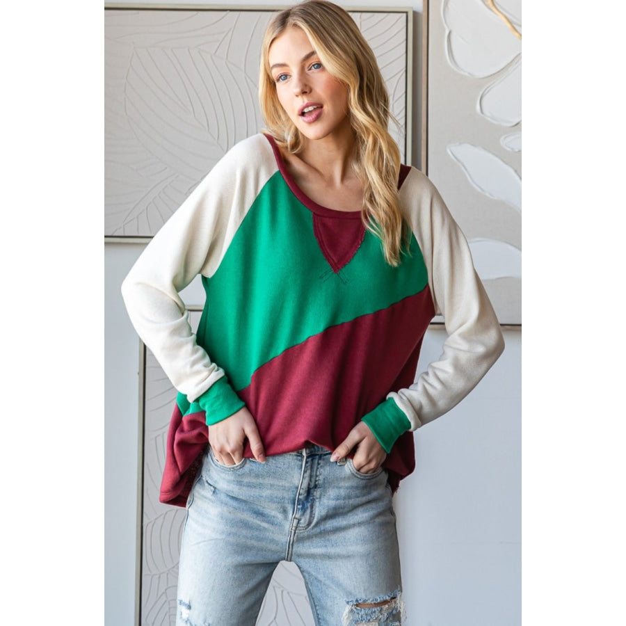 HOPELY Full Size Color Block Long Sleeve T-Shirt Kelly Green/Burgundy / S Apparel and Accessories