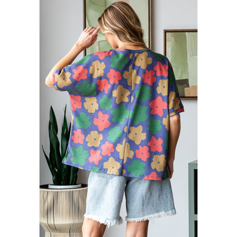 HOPELY Full Size Floral Round Neck Side Slit T-Shirt Apparel and Accessories