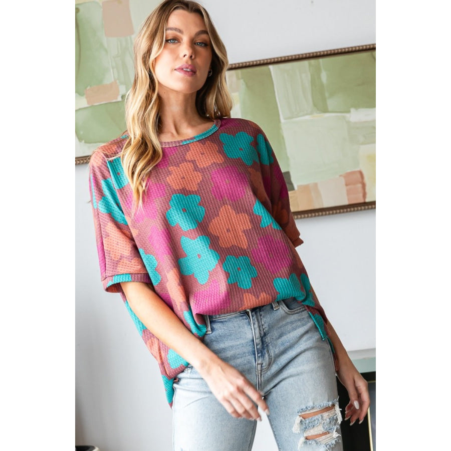 HOPELY Full Size Floral Round Neck Side Slit T-Shirt Brick/Magenta / S Apparel and Accessories