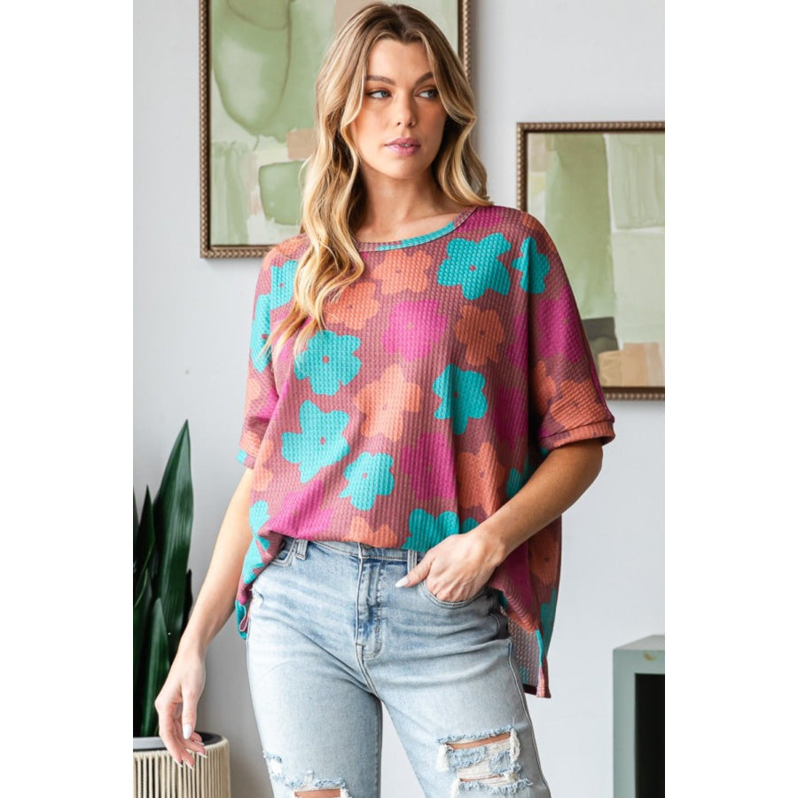 HOPELY Full Size Floral Round Neck Side Slit T-Shirt Brick/Magenta / S Apparel and Accessories