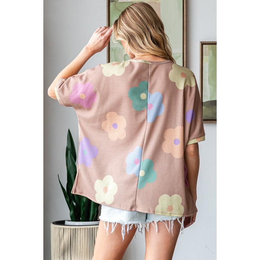 HOPELY Full Size Floral Round Neck Side Slit Waffle T-Shirt Apparel and Accessories