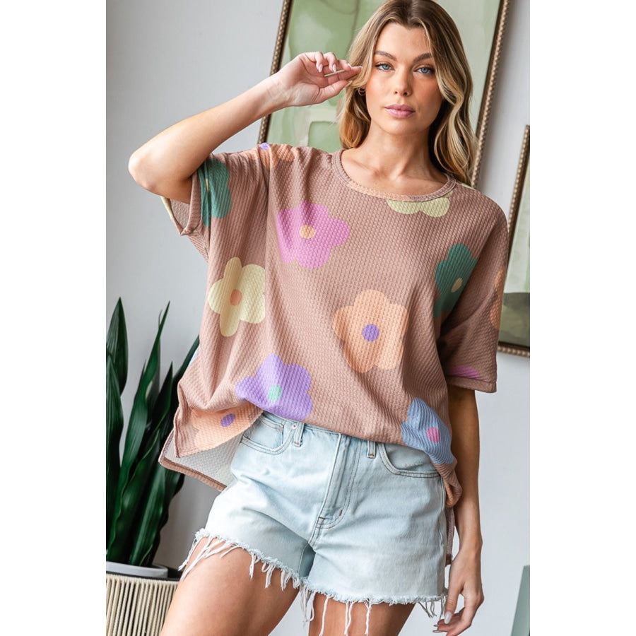 HOPELY Full Size Floral Round Neck Side Slit Waffle T-Shirt Mocha / S Apparel and Accessories