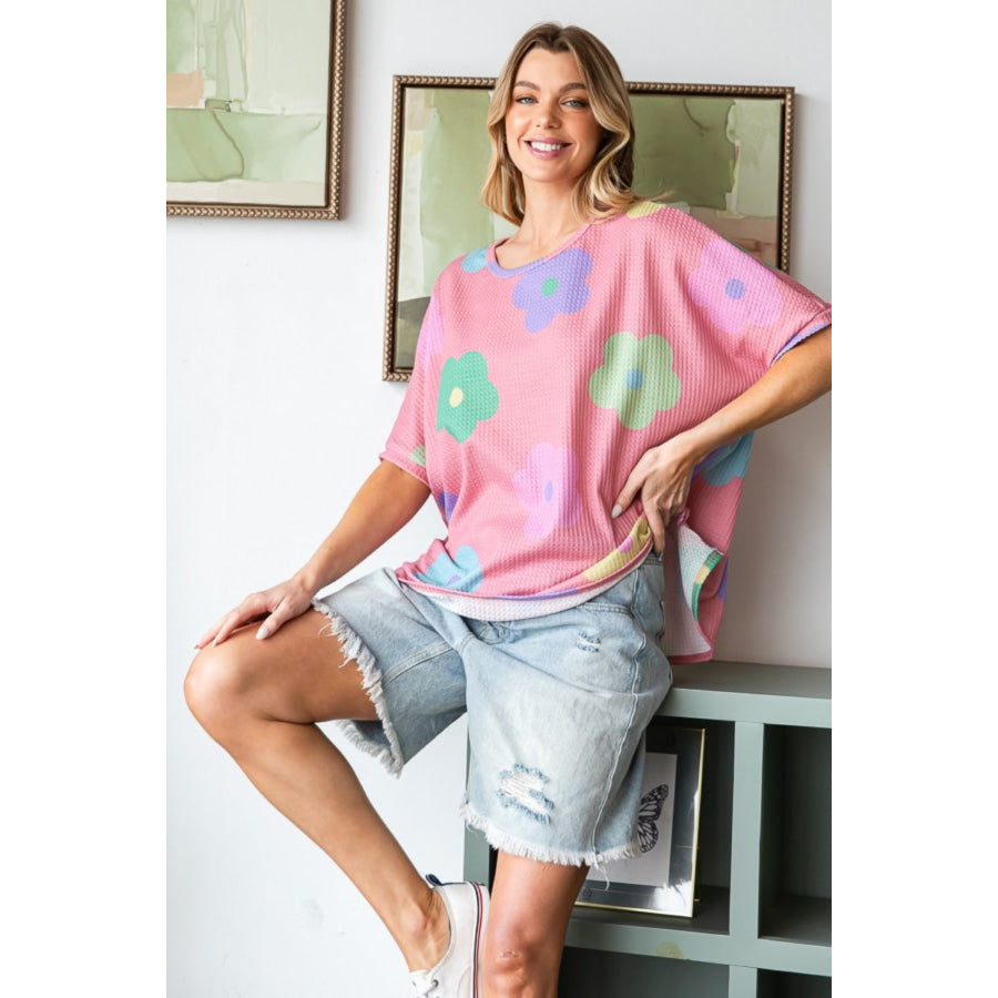 HOPELY Full Size Floral Round Neck Side Slit Waffle T-Shirt Pink / S Apparel and Accessories
