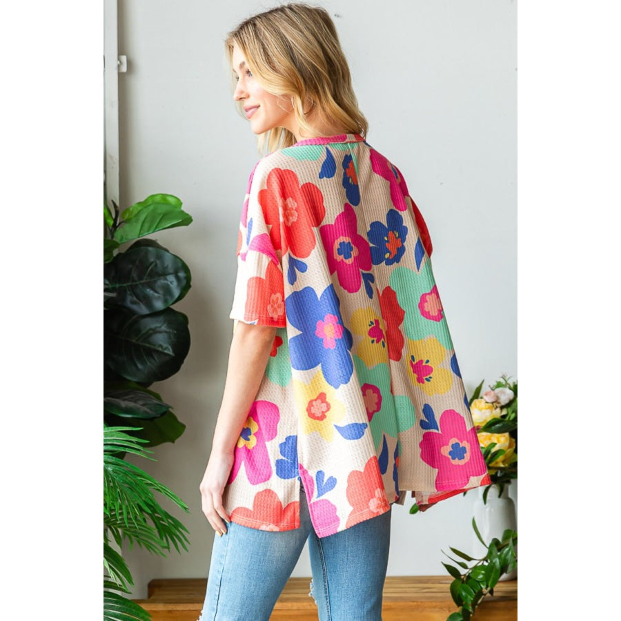 HOPELY Full Size Floral V-Neck Side Slit T-Shirt Apparel and Accessories