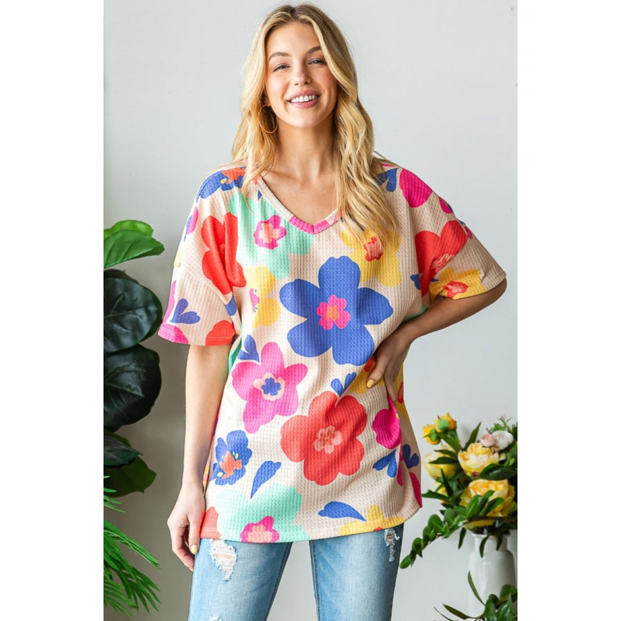 HOPELY Full Size Floral V-Neck Side Slit T-Shirt Apparel and Accessories
