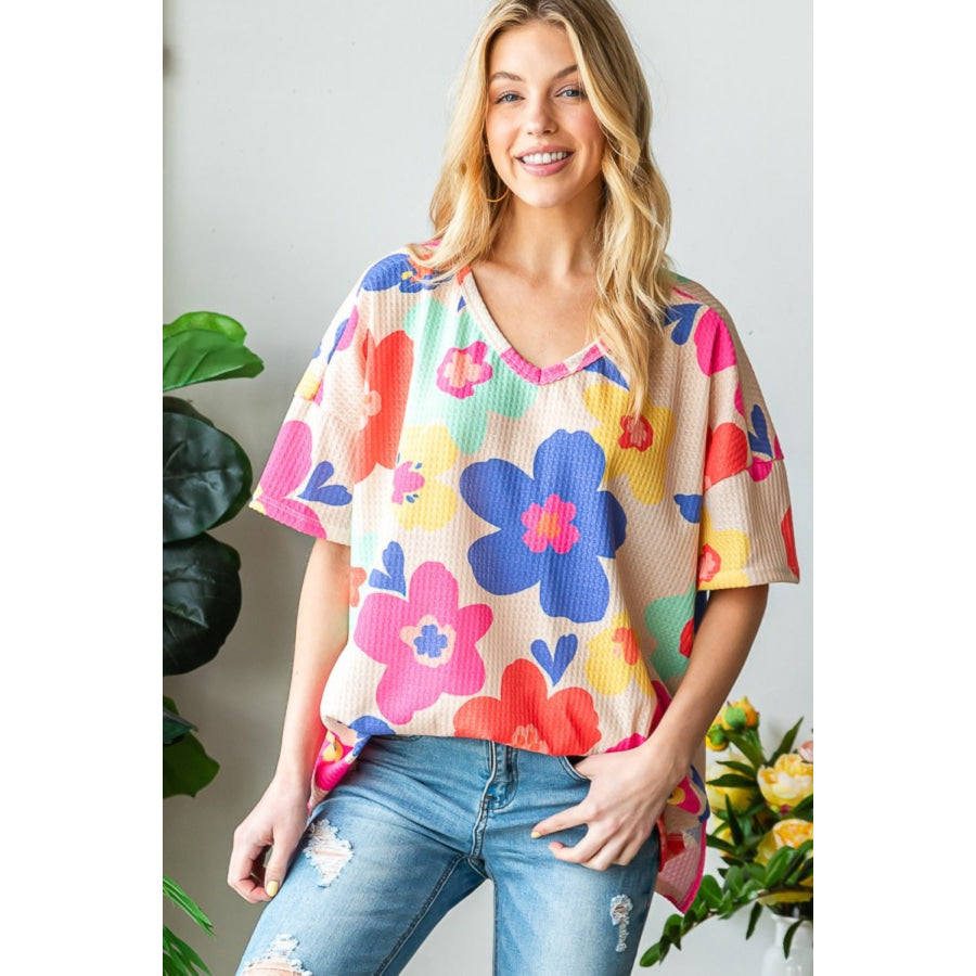 HOPELY Full Size Floral V-Neck Side Slit T-Shirt Taupe / S Apparel and Accessories