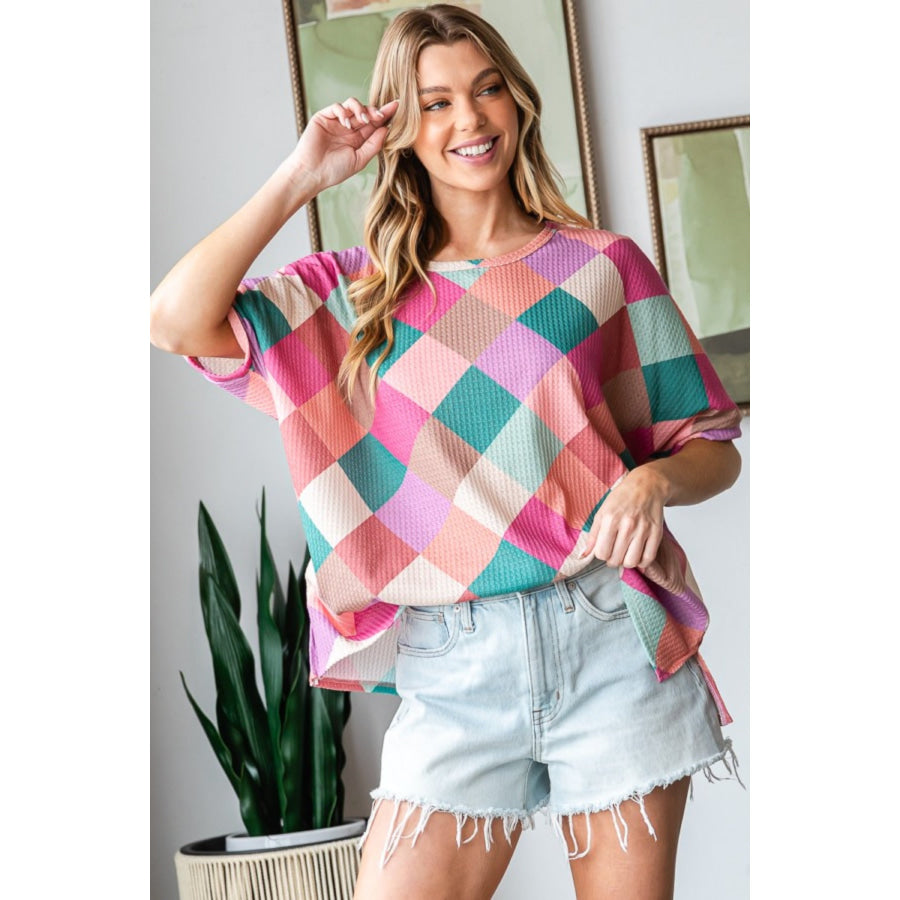 HOPELY Full Size Multi Colored Argyle Side Slit T-Shirt Multi Color / S Apparel and Accessories
