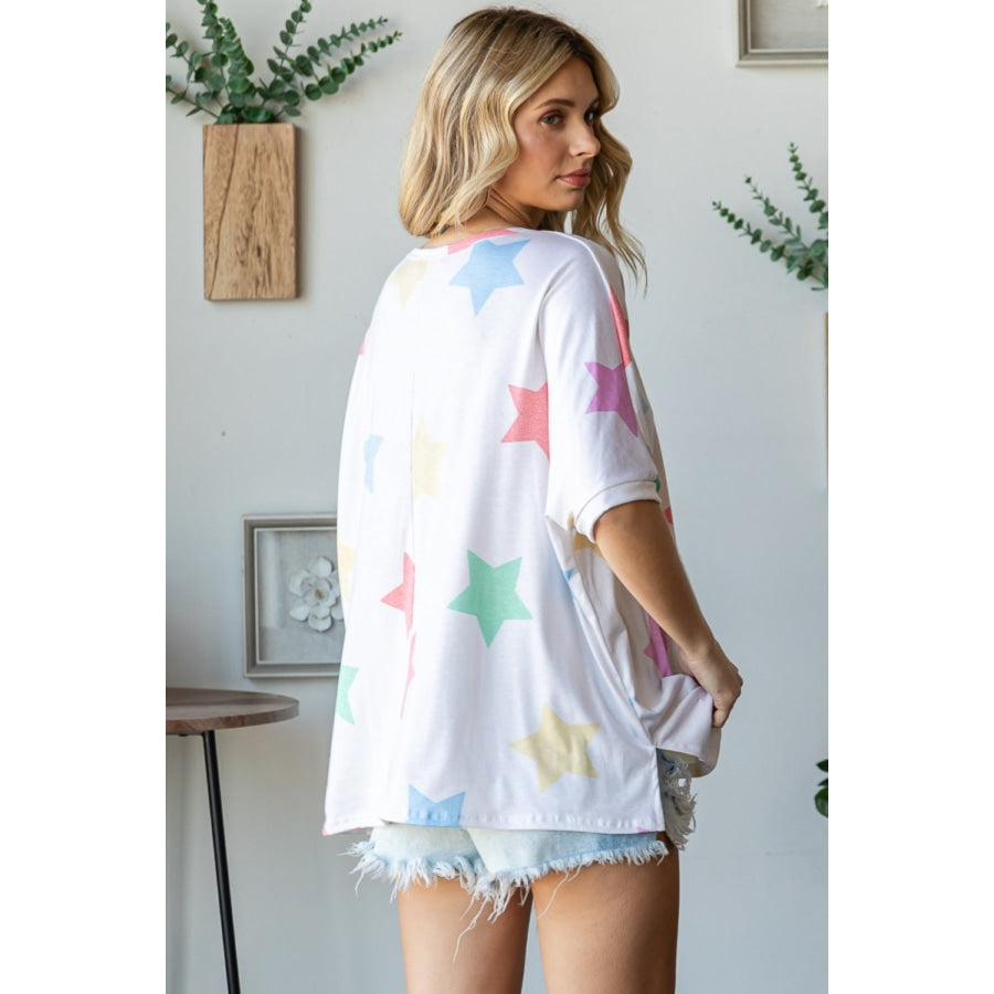 HOPELY Full Size Multi Colored Star Print T-Shirt Off-White / S Apparel and Accessories