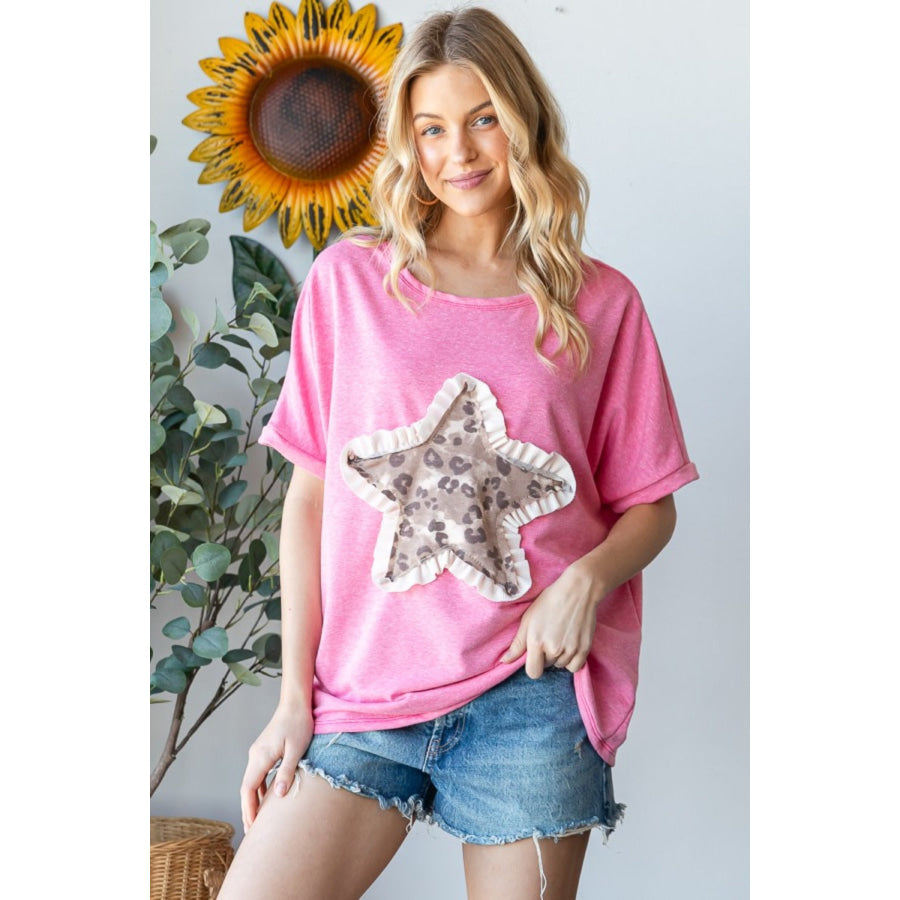 HOPELY Leopard Star Patch Short Sleeve T-Shirt Apparel and Accessories