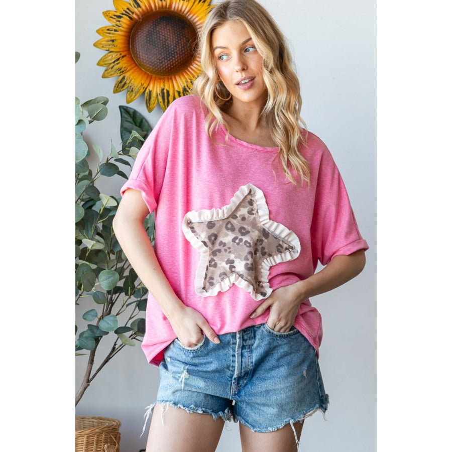 HOPELY Leopard Star Patch Short Sleeve T-Shirt Pink / S Apparel and Accessories