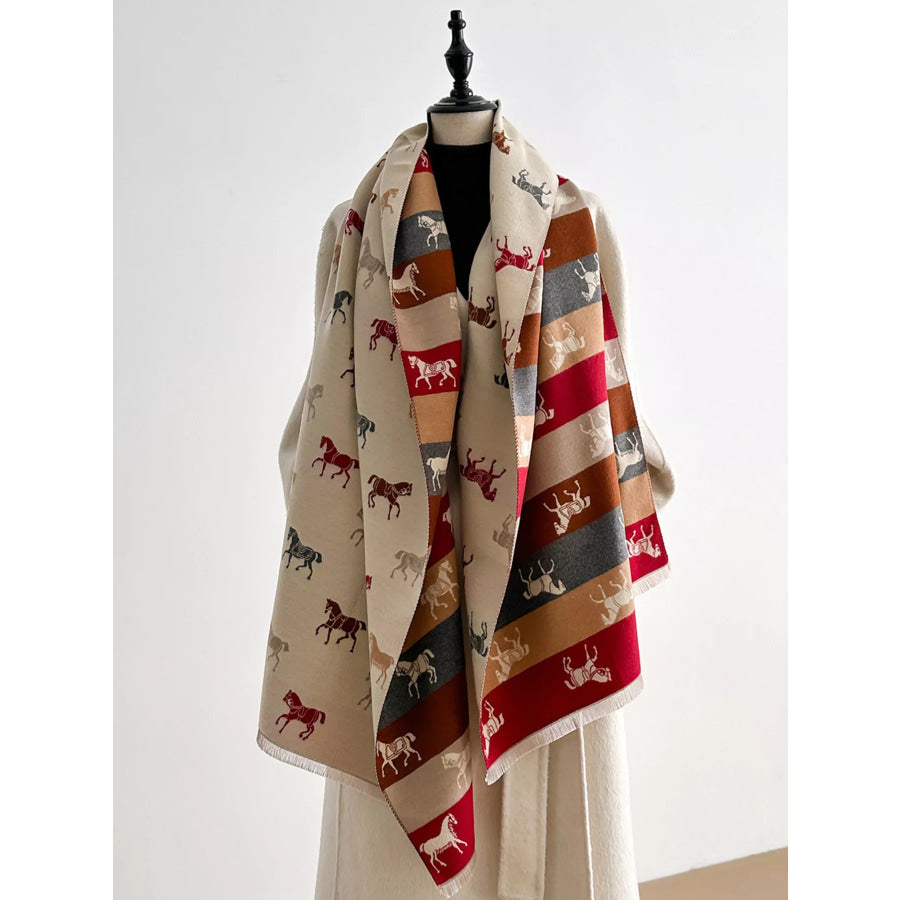 Horse Print Raw Hem Scarf Beige / One Size Apparel and Accessories