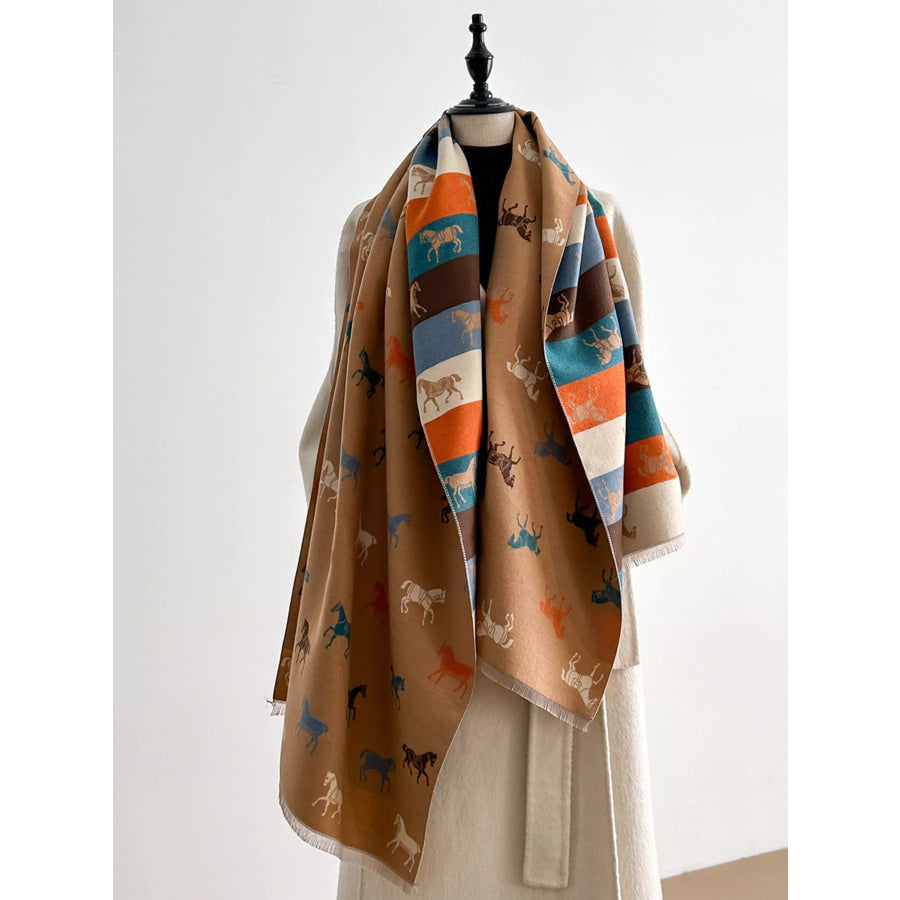 Horse Print Raw Hem Scarf Khaki / One Size Apparel and Accessories