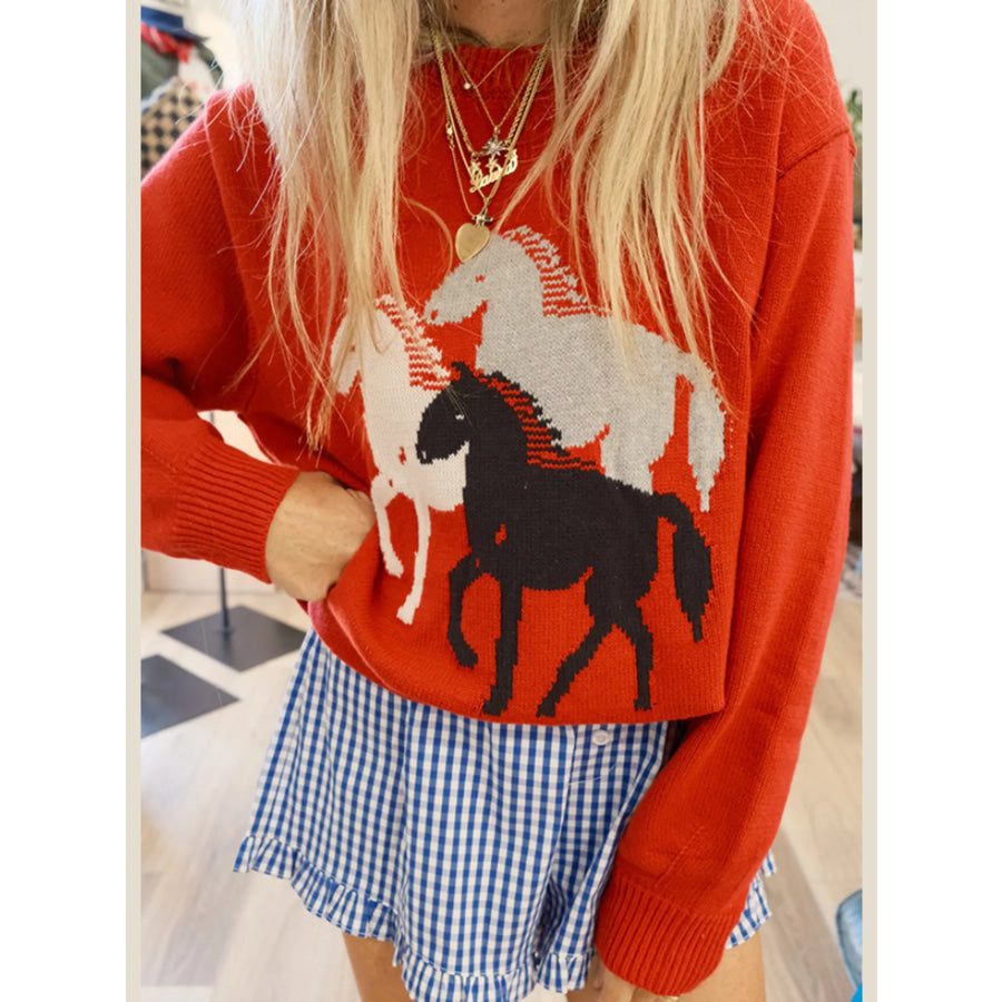 Horse Round Neck Long Sleeve Sweater Apparel and Accessories