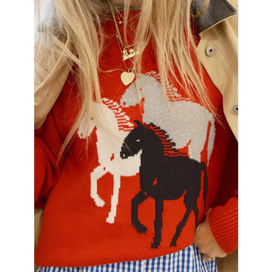 Horse Round Neck Long Sleeve Sweater Apparel and Accessories