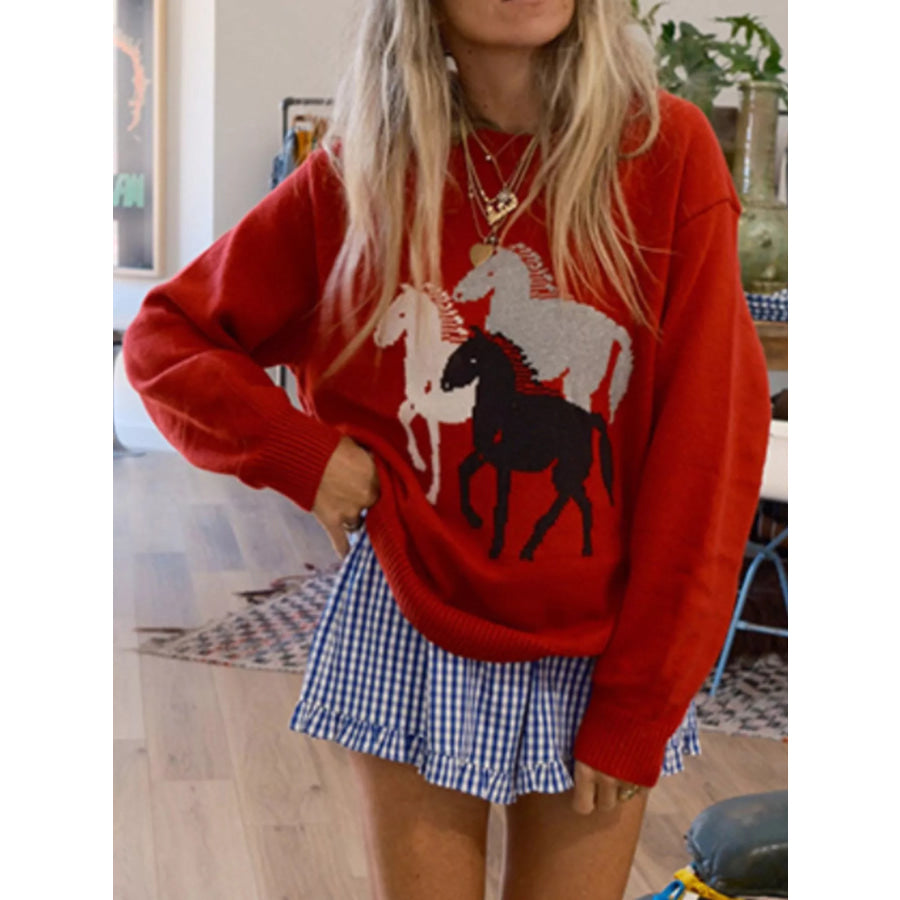 Horse Round Neck Long Sleeve Sweater Apparel and Accessories