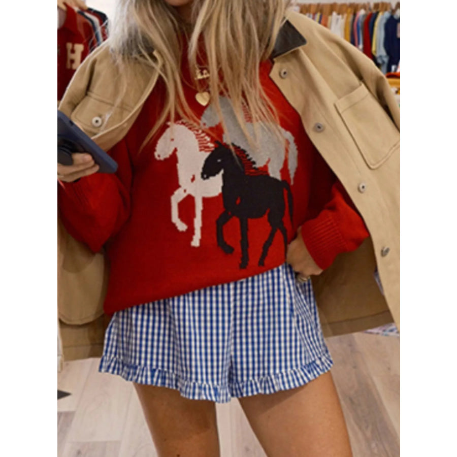 Horse Round Neck Long Sleeve Sweater Apparel and Accessories