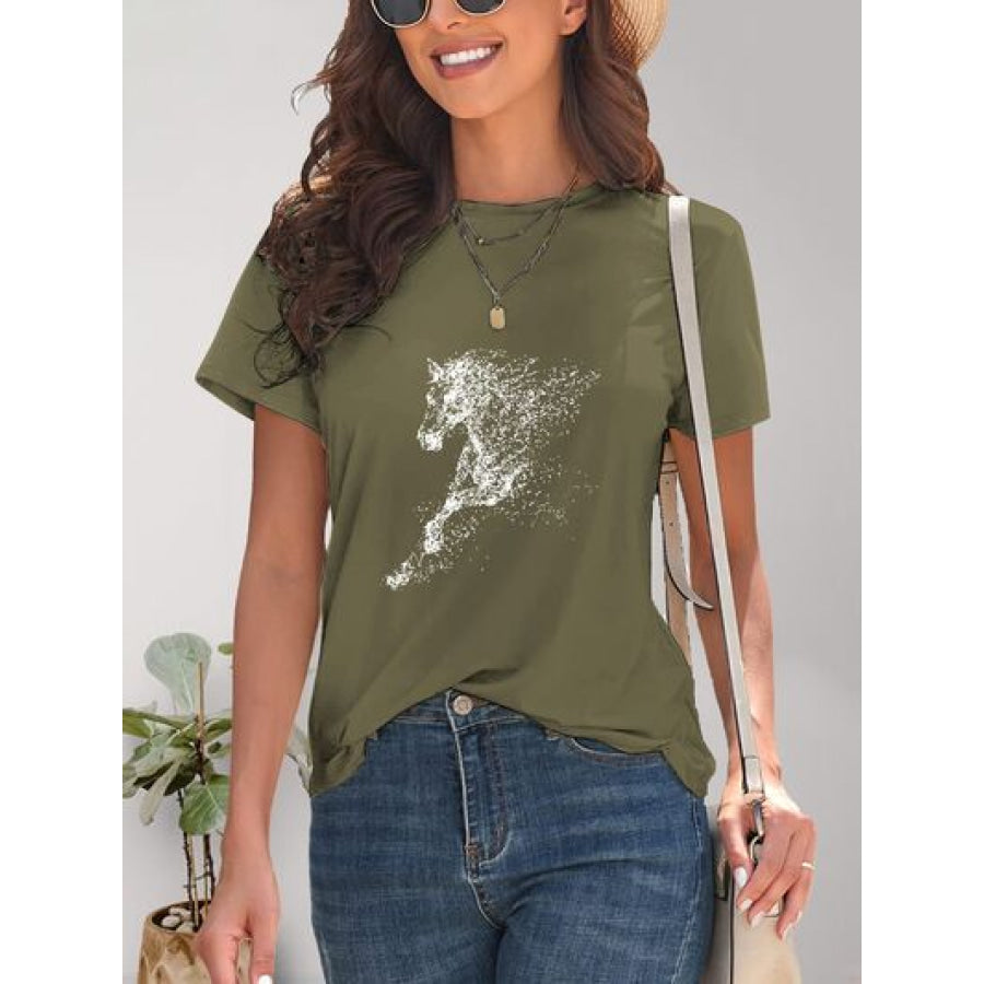 Horse Round Neck Short Sleeve T - Shirt Apparel and Accessories