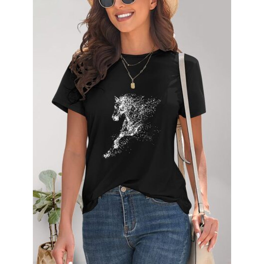 Horse Round Neck Short Sleeve T - Shirt Black / S Apparel and Accessories