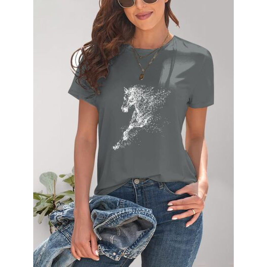 Horse Round Neck Short Sleeve T - Shirt Charcoal / S Apparel and Accessories