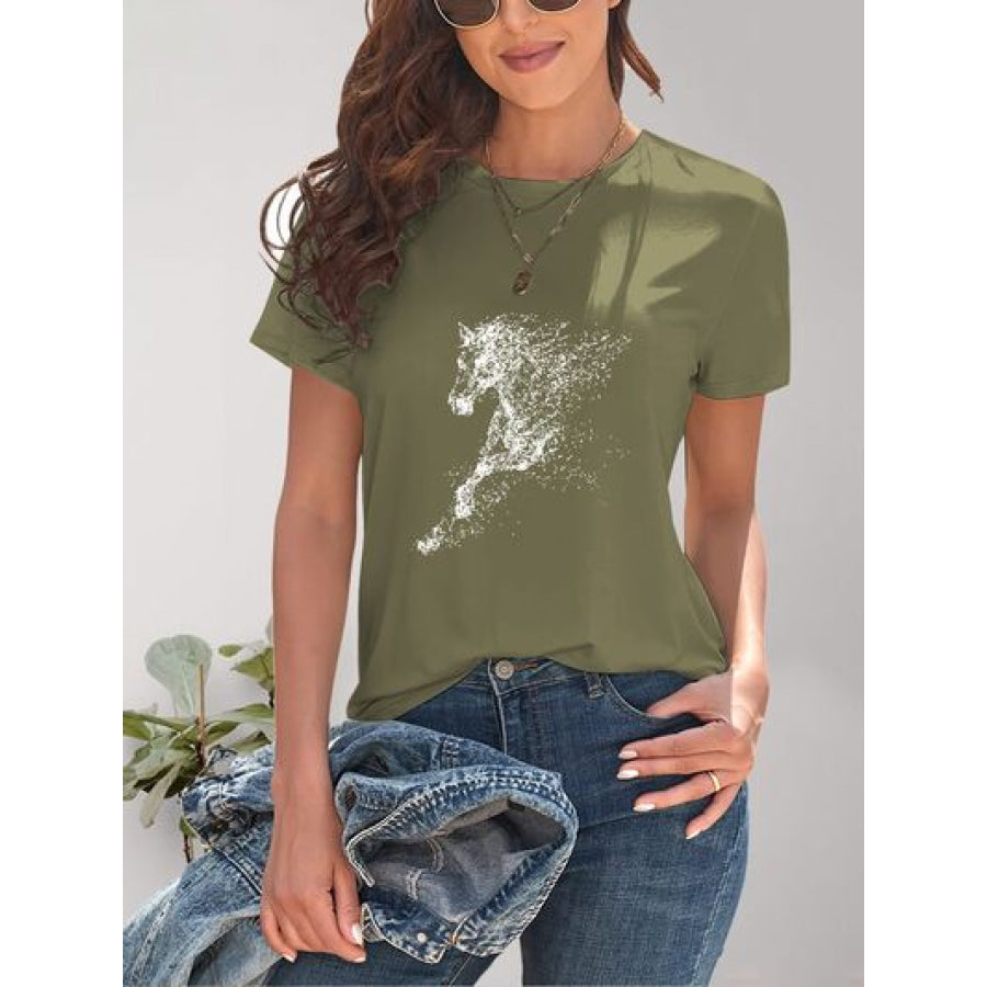 Horse Round Neck Short Sleeve T - Shirt Moss / S Apparel and Accessories