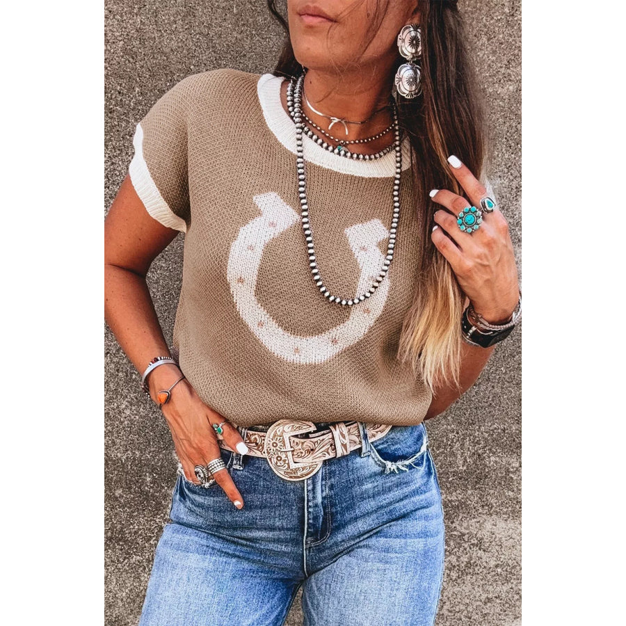 Horse Shoe Pattern Contrast Trim Short Sleeve Sweater Apparel and Accessories