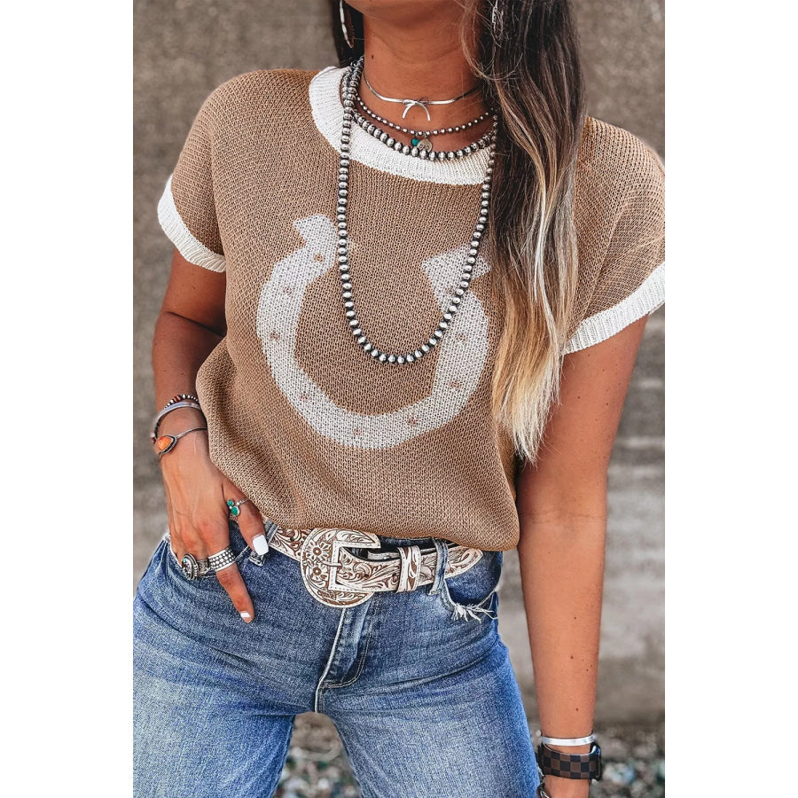 Horse Shoe Pattern Contrast Trim Short Sleeve Sweater Apparel and Accessories