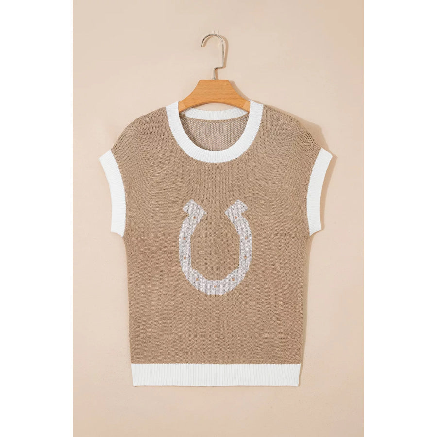 Horse Shoe Pattern Contrast Trim Short Sleeve Sweater Apparel and Accessories