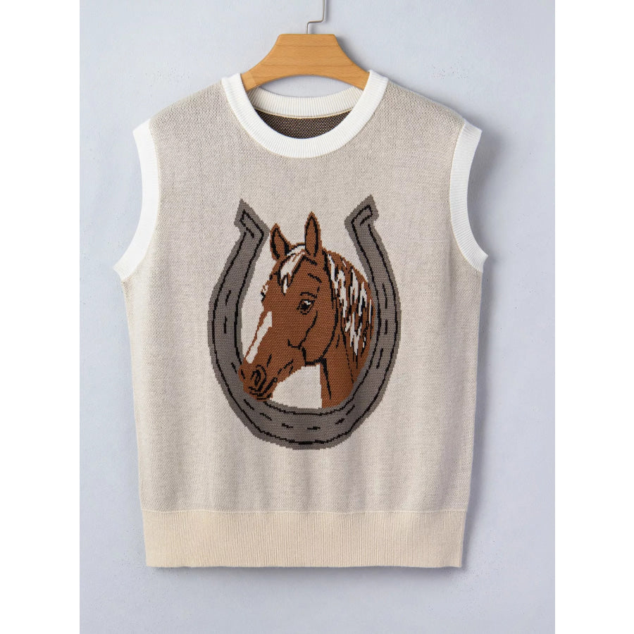 Horse Shoe Print Color Block Trim Round Neck Sleeveless Sweater Apparel and Accessories