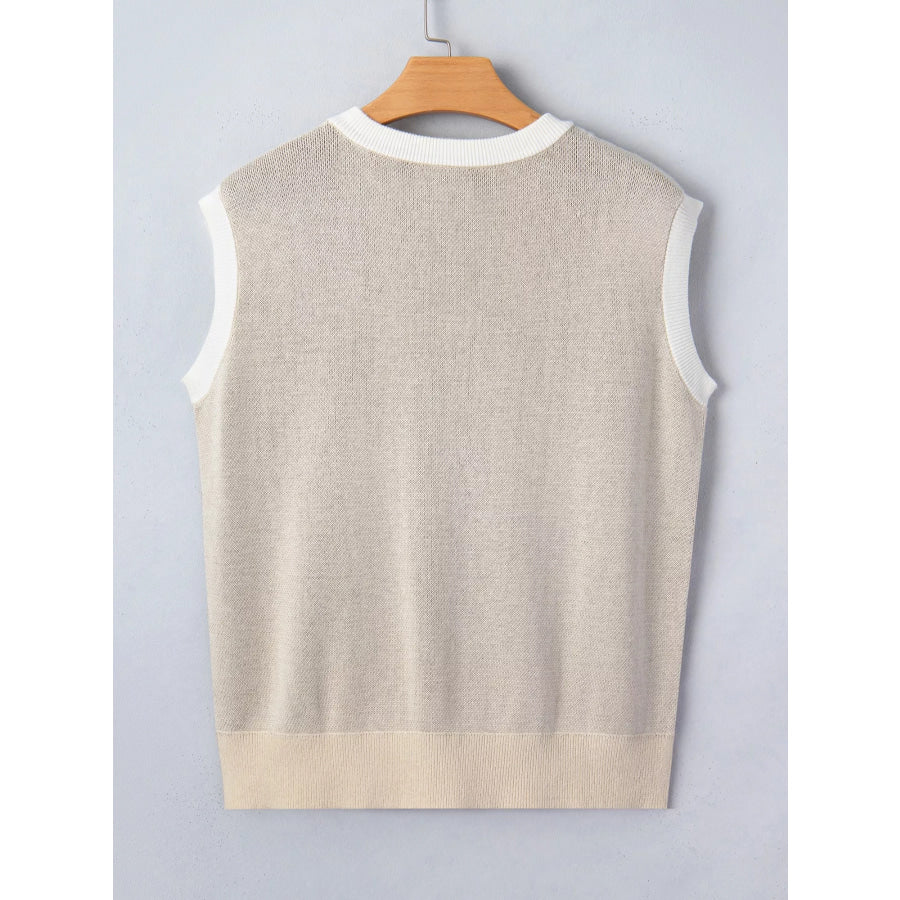 Horse Shoe Print Color Block Trim Round Neck Sleeveless Sweater Apparel and Accessories