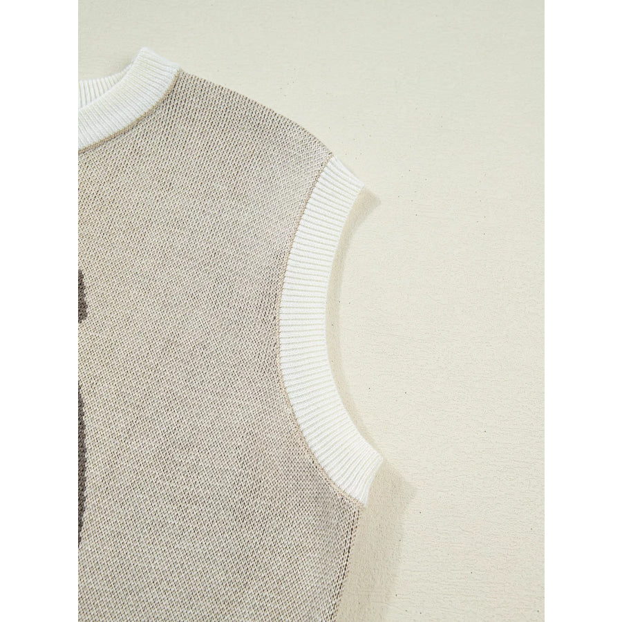 Horse Shoe Print Color Block Trim Round Neck Sleeveless Sweater Apparel and Accessories
