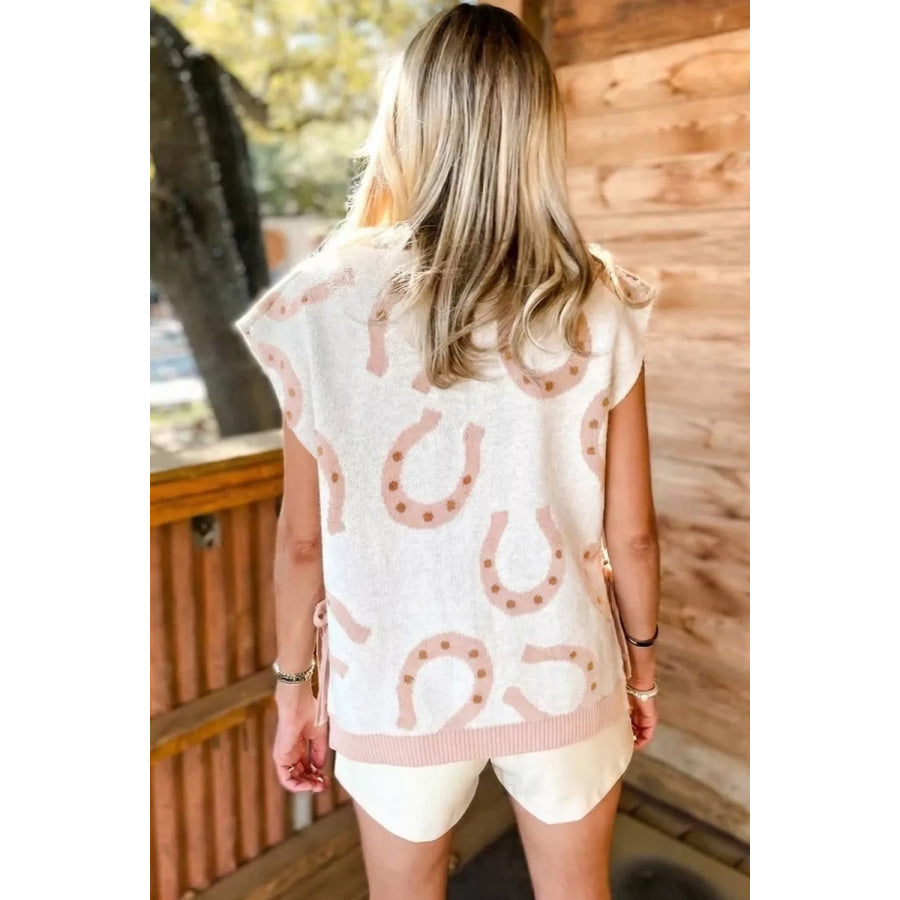 Horse Shoe Western Print Tied Side Cap Sleeve Knit Top Apparel and Accessories