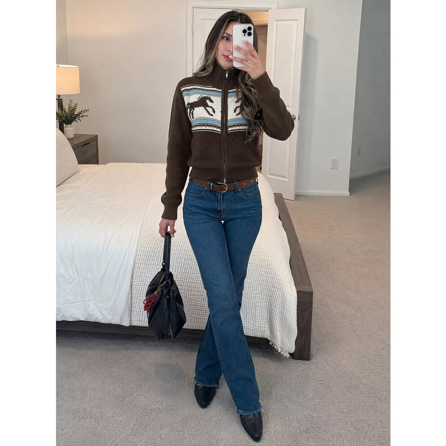 Horse Zip Up Mock Neck Cardigan Apparel and Accessories