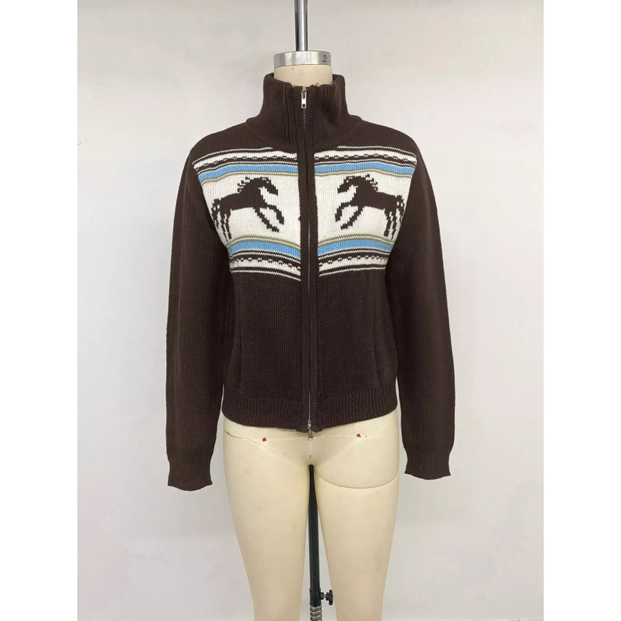 Horse Zip Up Mock Neck Cardigan Apparel and Accessories