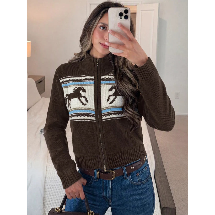 Horse Zip Up Mock Neck Cardigan Apparel and Accessories