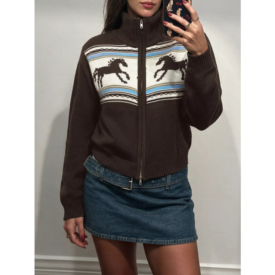Horse Zip Up Mock Neck Cardigan Coffee Brown / S Apparel and Accessories