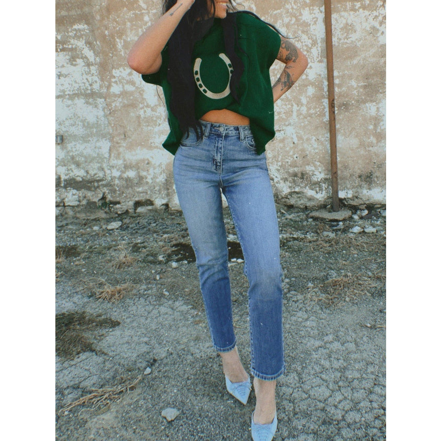 Horseshoe Graphic Short Sleeve Sweater Dark Green / S Apparel and Accessories