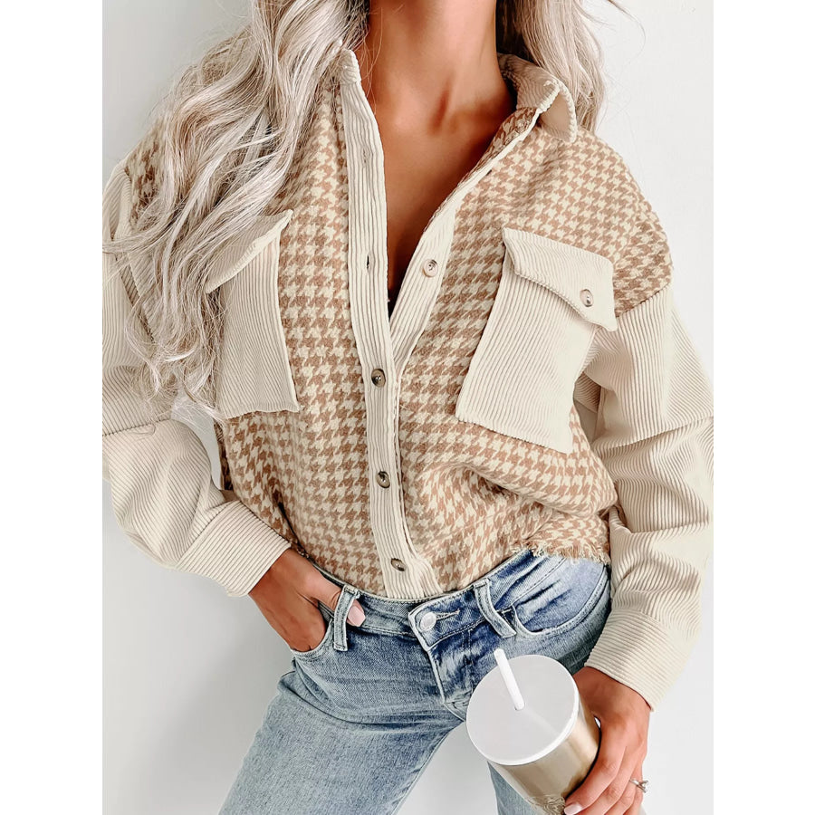 Houndstooth Button-Down Jacket Beige / S Apparel and Accessories