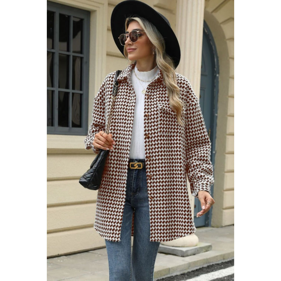 Houndstooth Button Up Dropped Shoulder Coat Apparel and Accessories